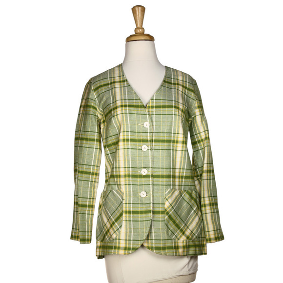 Vintage 60s Collarless Jacket Green Plaid Pockets Union Tag Size 11-12 - Hey Viv - Picture 6 of 12